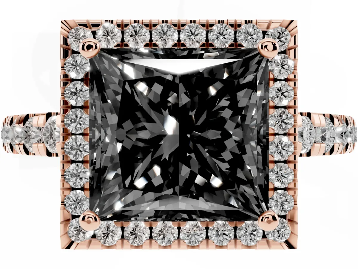 Fancy Black Princess Cut Diamond Halo Ring with Pavé Band and Four-Prong Setting Rose gold