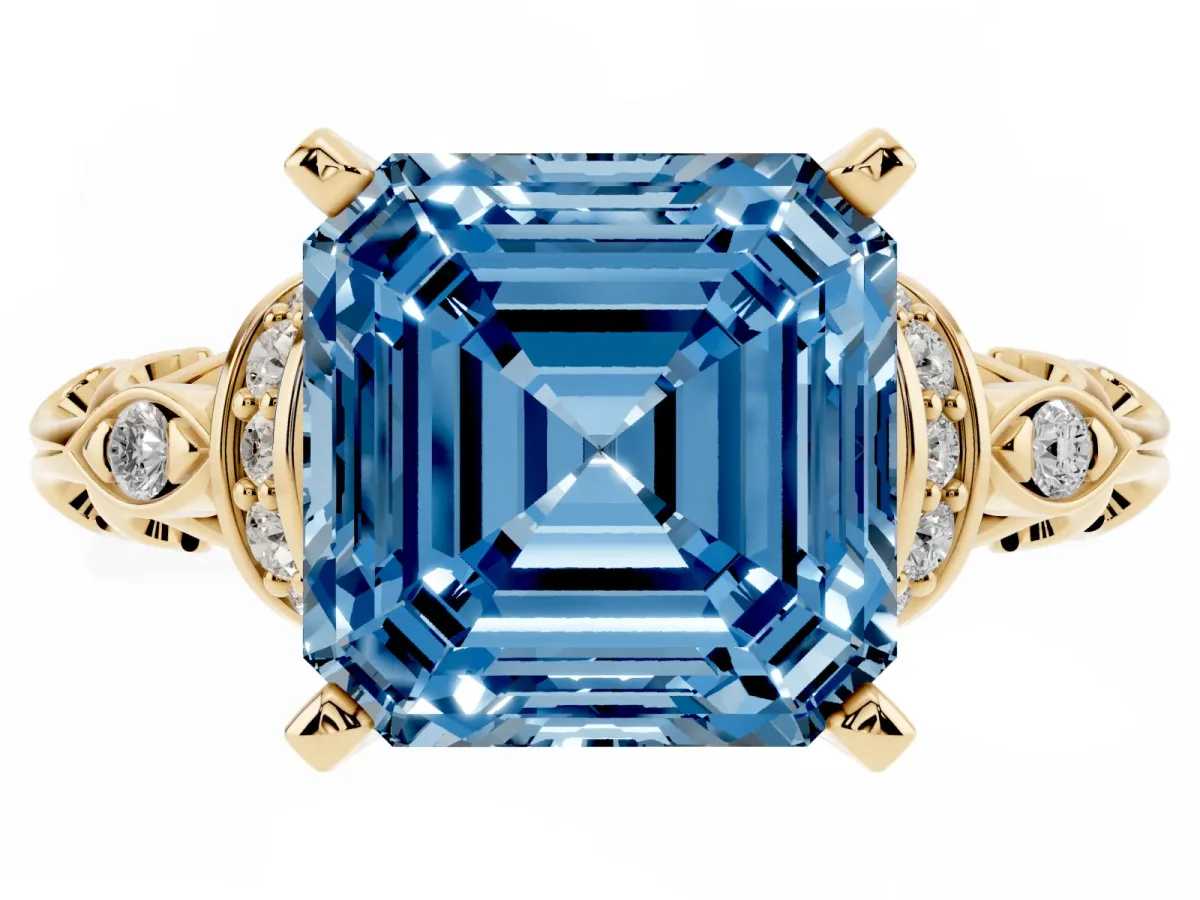 Fancy Blue Asscher Cut Diamond Solitaire Ring with Filigree Band and Four-Prong Setting Yellow gold