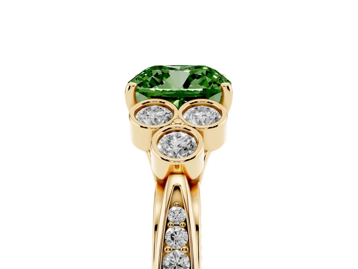 Fancy Green Cushion Cut Cut Diamond Engagement Ring with Bezel Set Round Side Stones and Prong Setting Yellow gold
