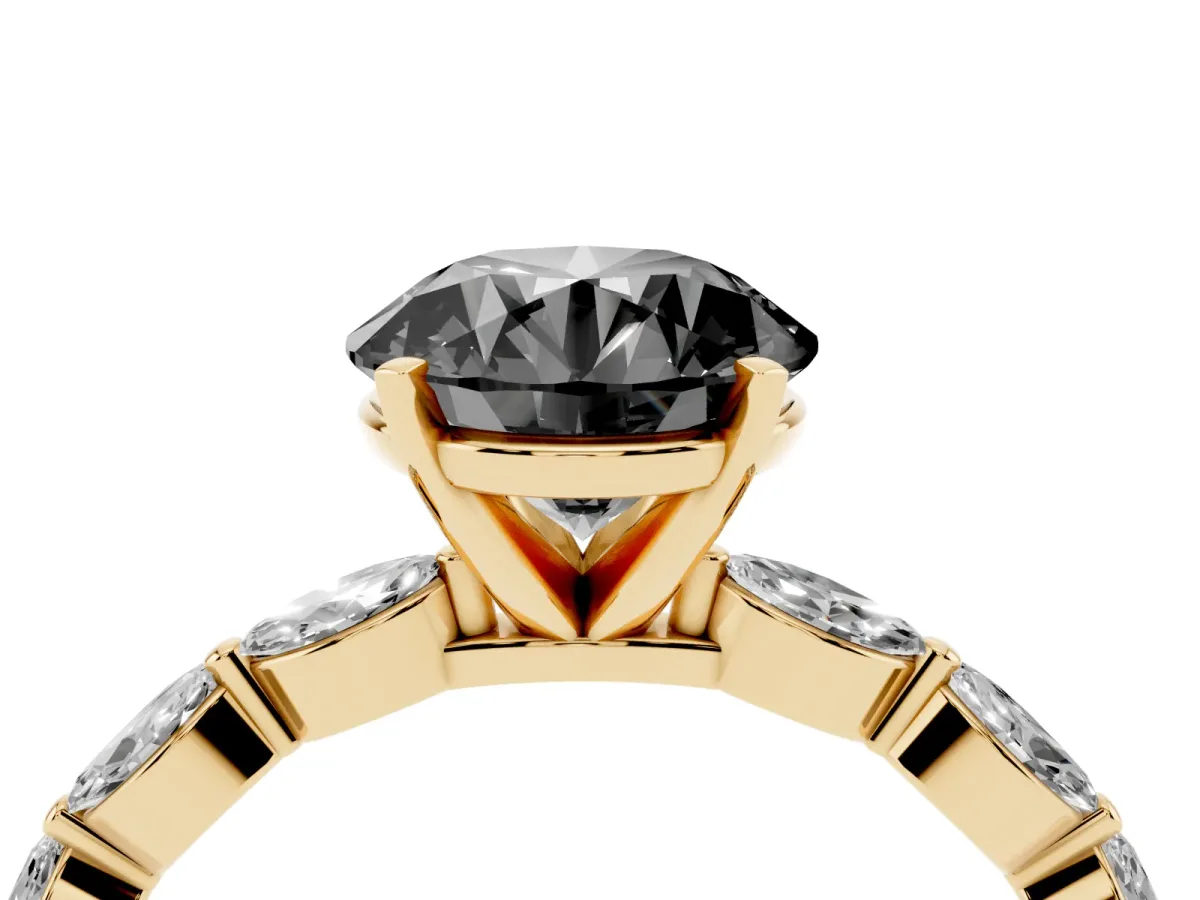 Fancy Black Round Cut Diamond Ring with Marquise Side Stones and Prong Setting Yellow gold