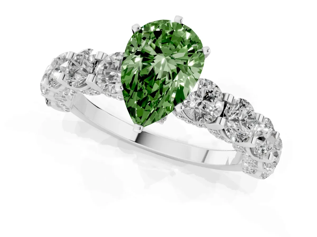 Fancy Green Pear Cut Diamond Side Stone Engagement Ring with Four-Prong Setting Silver
