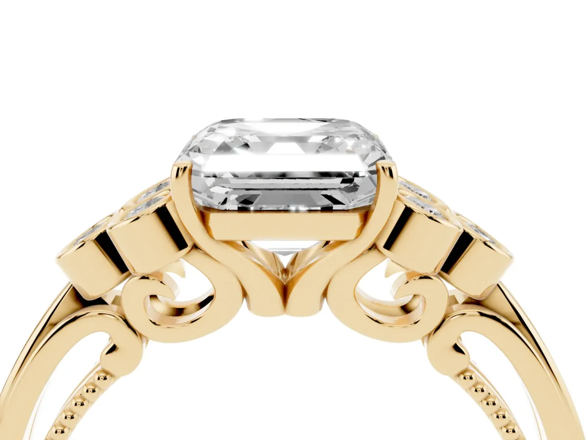 Asscher Cut Cut Diamond Engagement Ring with Bezel Set Round Side Stones and Prong Setting Yellow gold