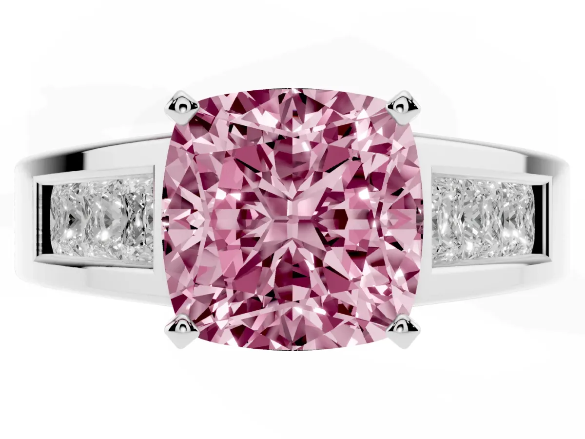 Fancy Pink Cushion Cut Cut Channel Set Solitaire Ring with Four-Prong Setting Silver