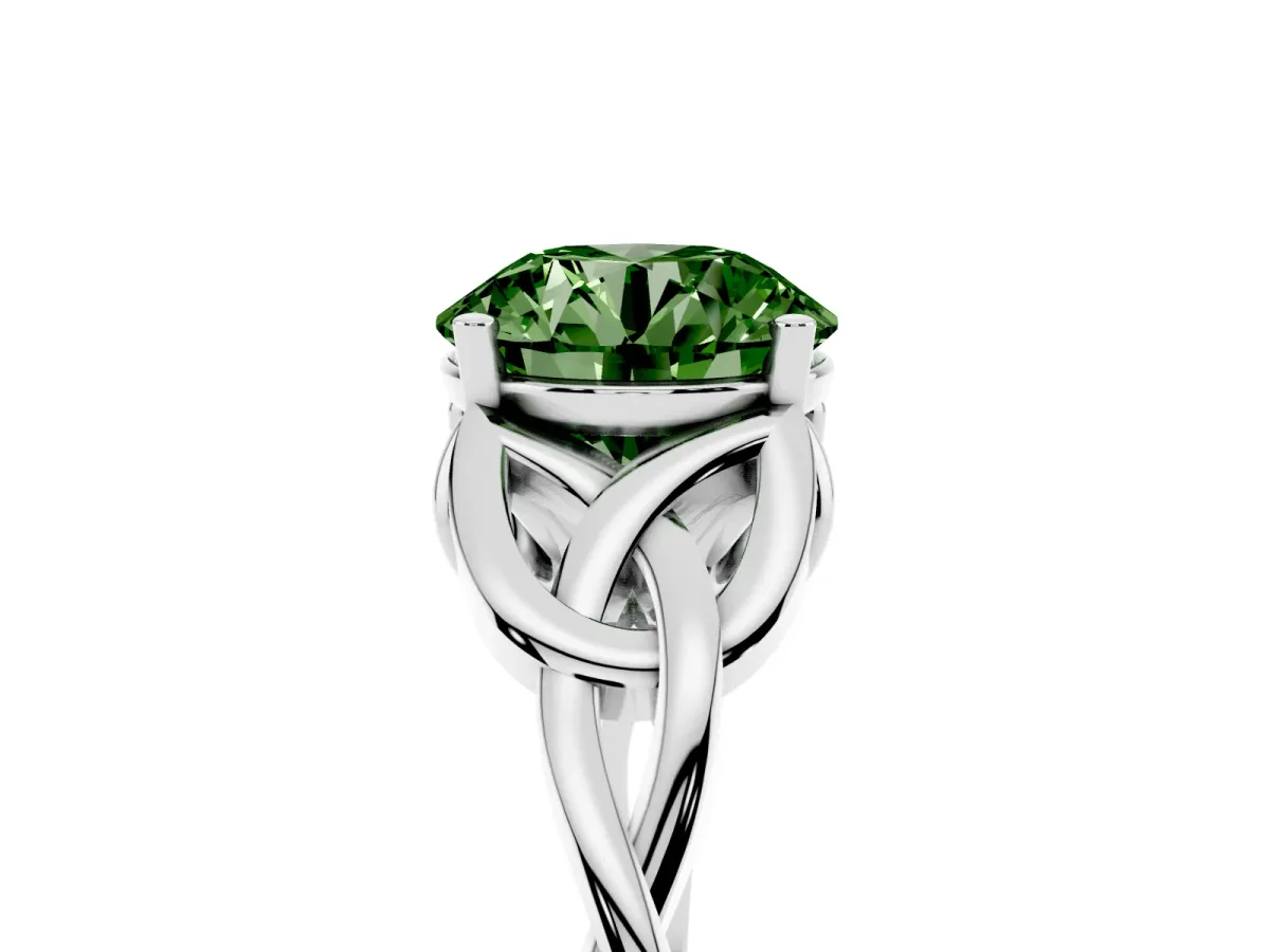 Fancy Green Round Cut Diamond Solitaire Engagement Ring with Celtic Knot Band and Four-Prong Setting Silver