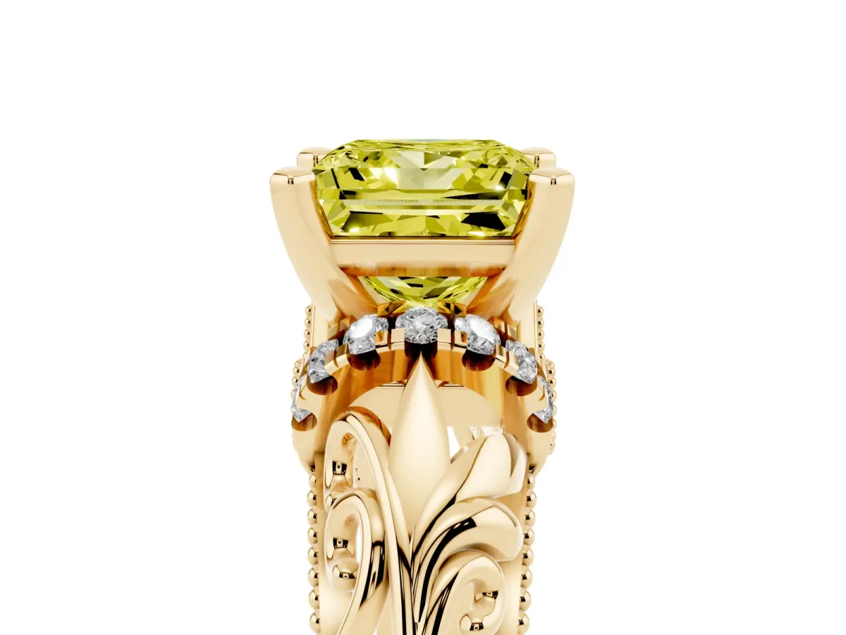 Fancy Yellow Princess Cut Solitaire Filigree Engagement Ring with Halo and Prong Setting Yellow gold