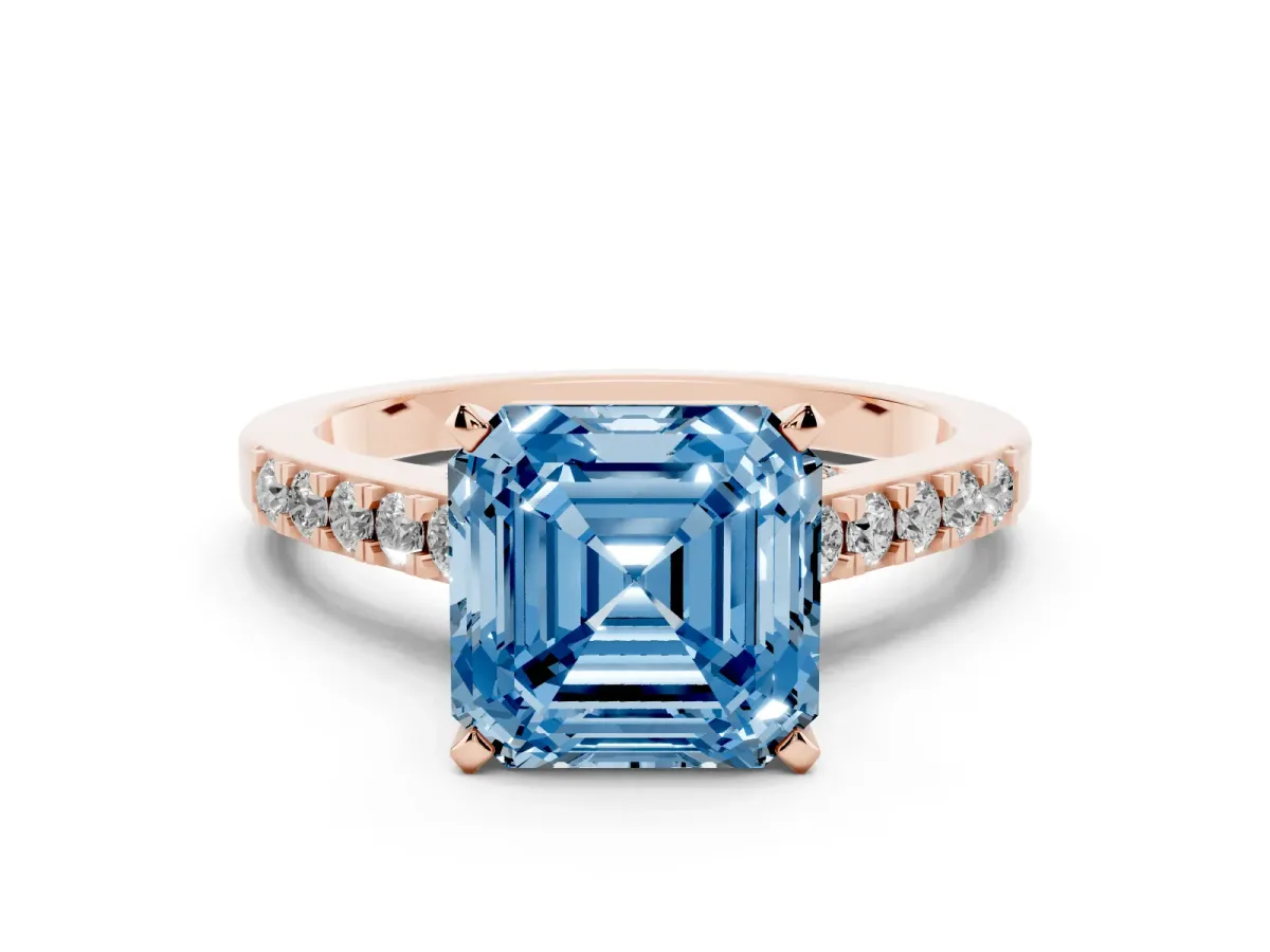 Fancy Blue Asscher Cut Diamond Solitaire Ring with Crossover Gallery and Round Pavé Band Rose gold