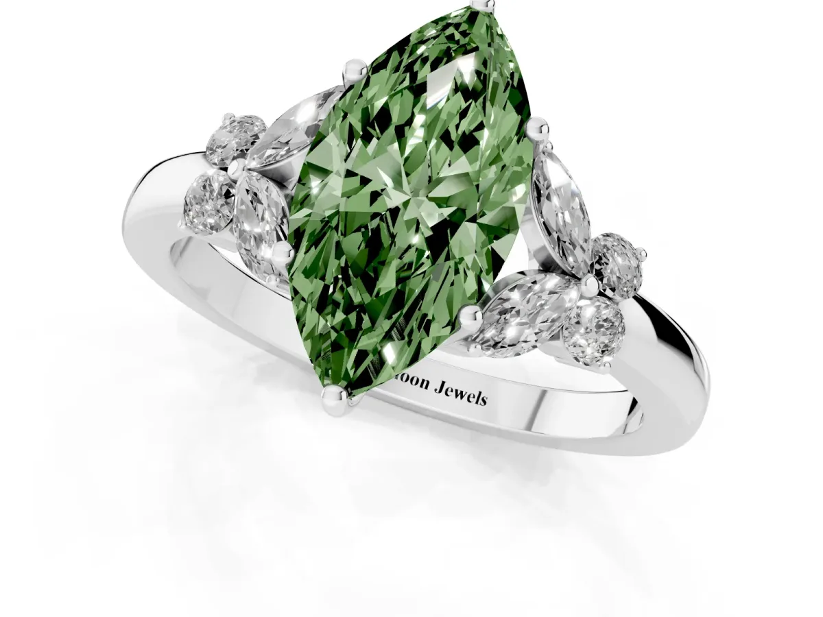 Fancy Green Marquise Cut Cut Solitaire Floral Diamond Ring with Four-Prong Setting Silver