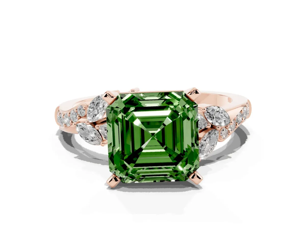 Fancy Green Asscher Cut Solitaire Marquise Twist Band with Six-Prong Setting Rose gold