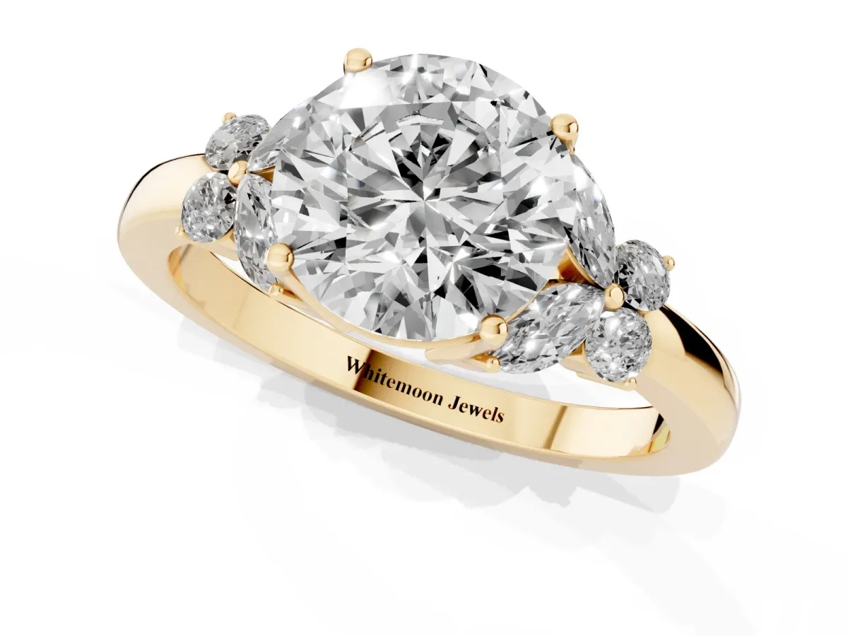 Round Cut Cut Solitaire Floral Diamond Ring with Four-Prong Setting Yellow gold