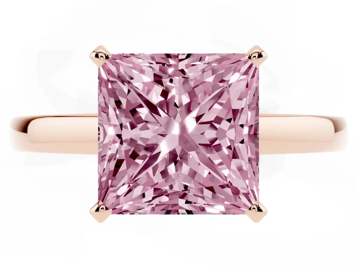Fancy Pink Princess Cut Solitaire Diamond Engagement Ring with Four-Prong Setting on a Classic Band Rose gold