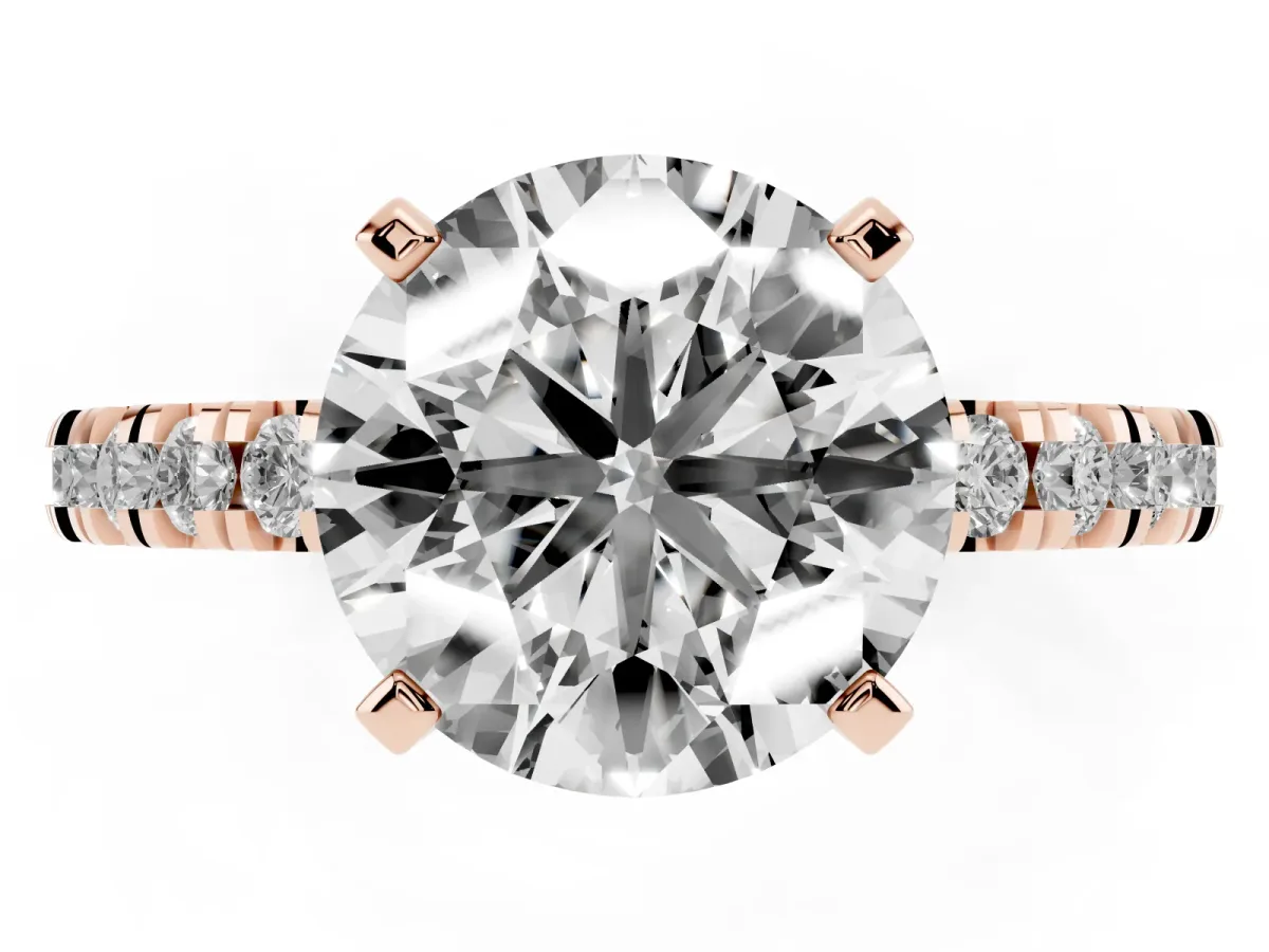 Round Cut Diamond Pavé Band Solitaire with Four-Prong Setting Rose gold