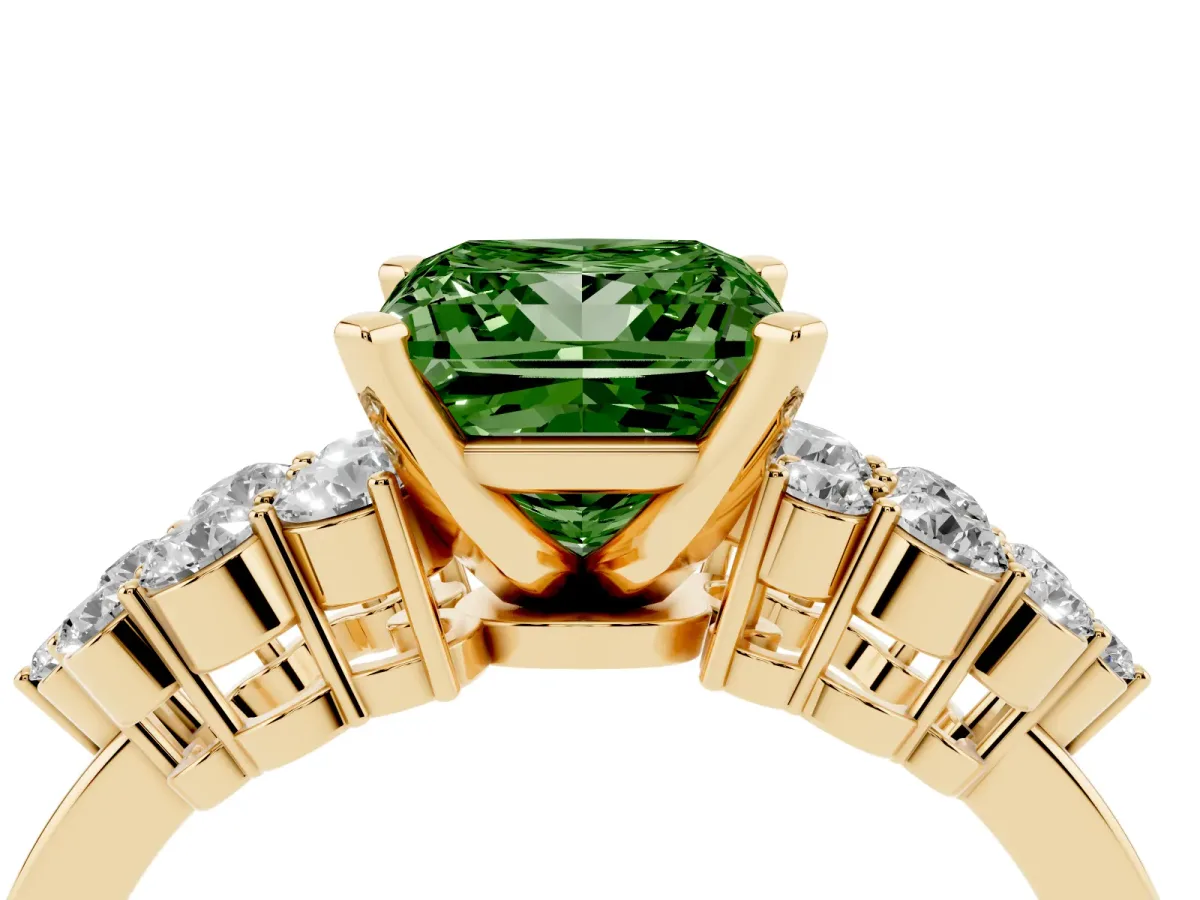 Fancy Green Princess Cut Cluster Diamond Engagement Ring with Pavé Band and Four-Prong Setting Yellow gold