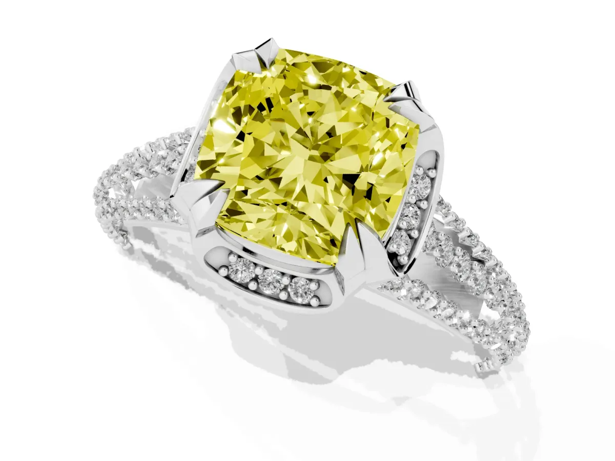 Fancy Yellow Cushion Cut Solitaire Pave Split Shank Ring with Four-Prong Setting Silver