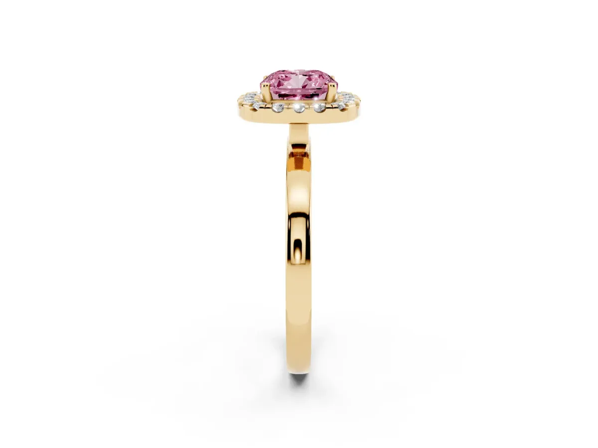 Fancy Pink Cushion Cut Halo Diamond Solitaire with Pavé Band and Four-Prong Setting Yellow gold