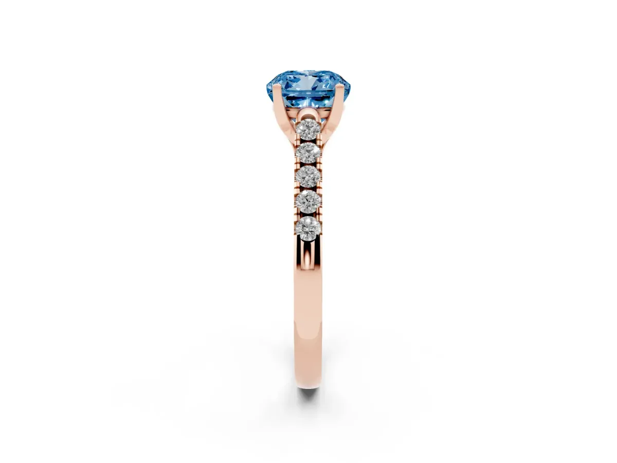 Fancy Blue Cushion Cut Diamond Pavé Band Solitaire Ring with Prong Setting Rose gold