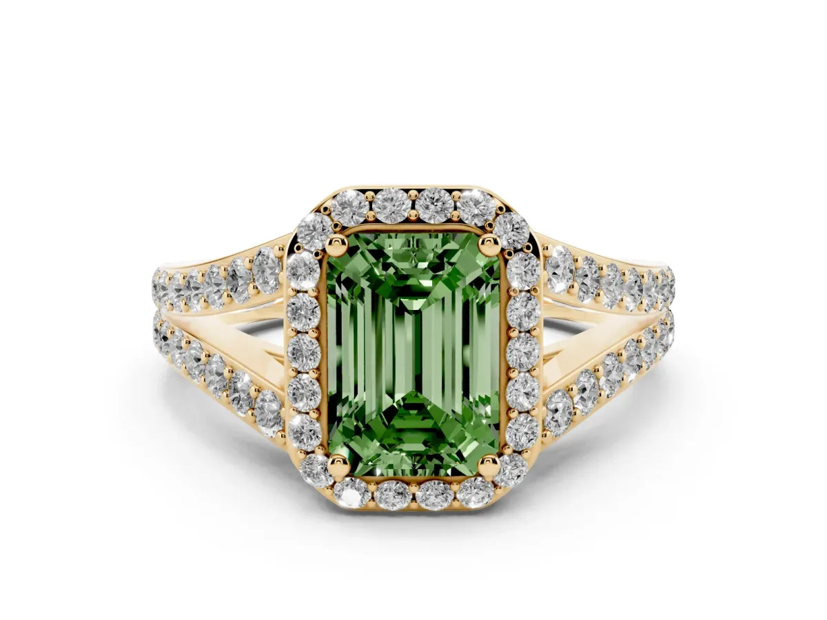 Fancy Green Emerald Cut Diamond Split Shank Halo Ring with Four-Prong Setting Yellow gold