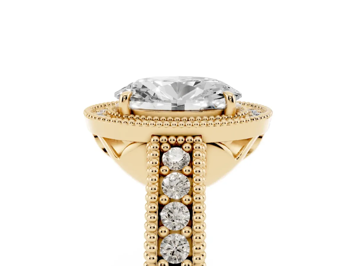 Oval Cut Cut Halo Diamond Ring with Pavé Band and Four-Prong Setting Yellow gold