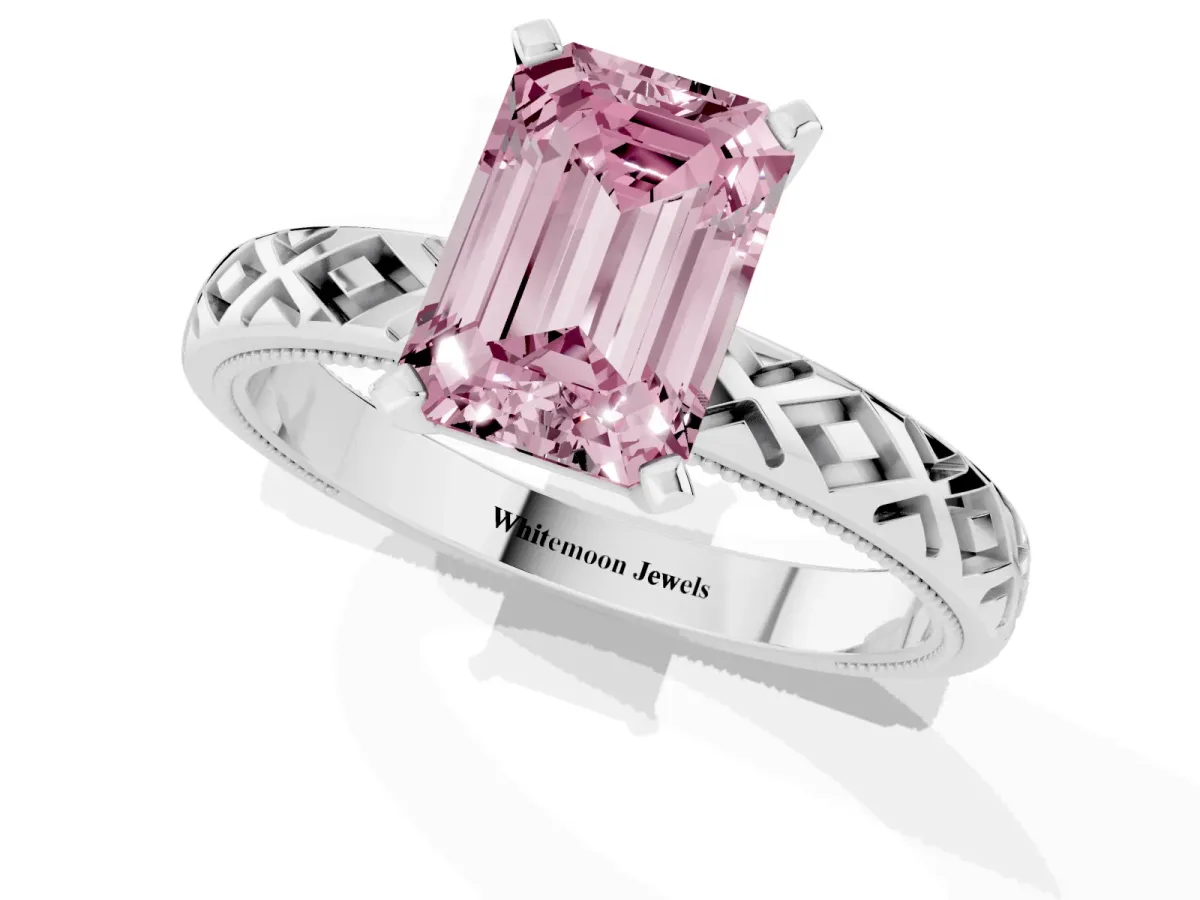 Fancy Pink Emerald Cut Solitaire Diamond Ring with Milgrain and Black Enamel X Pattern Band Platinum