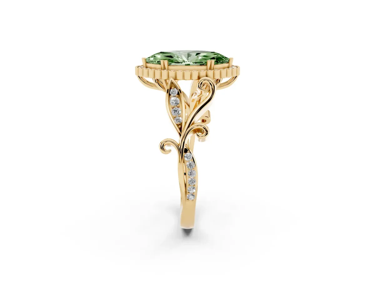 Fancy Green Marquise Cut Diamond Halo Ring with Vintage Split Shank and Four-Prong Setting Yellow gold