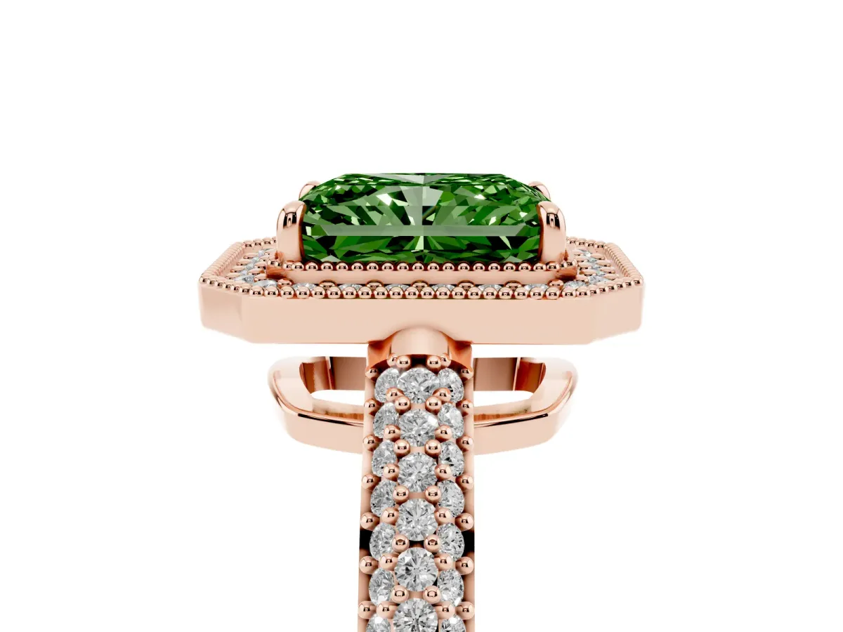 Fancy Green Radiant Cut Cut Halo Diamond Pave Band with Four-Prong Setting Rose gold