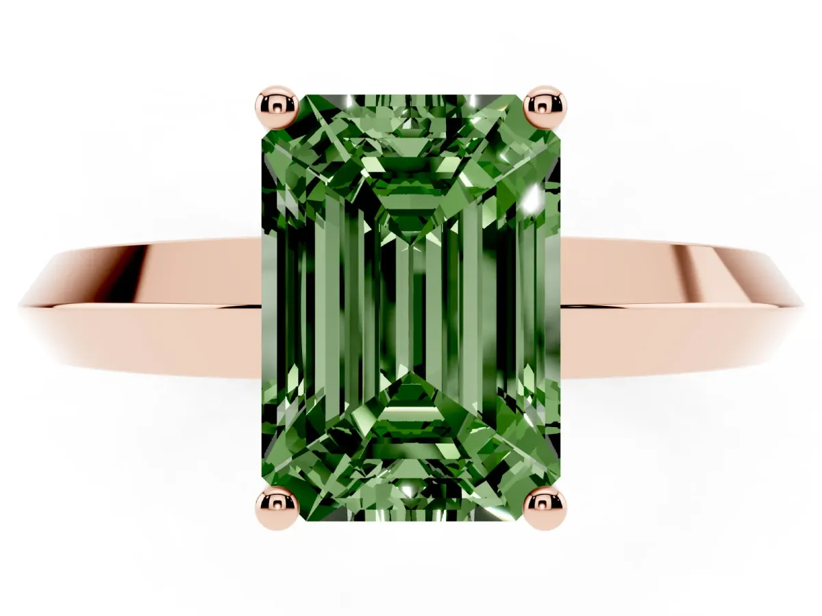 Fancy Green Emerald Cut Cut Solitaire Engagement Ring with Flat Band and Four-Prong Setting Rose gold