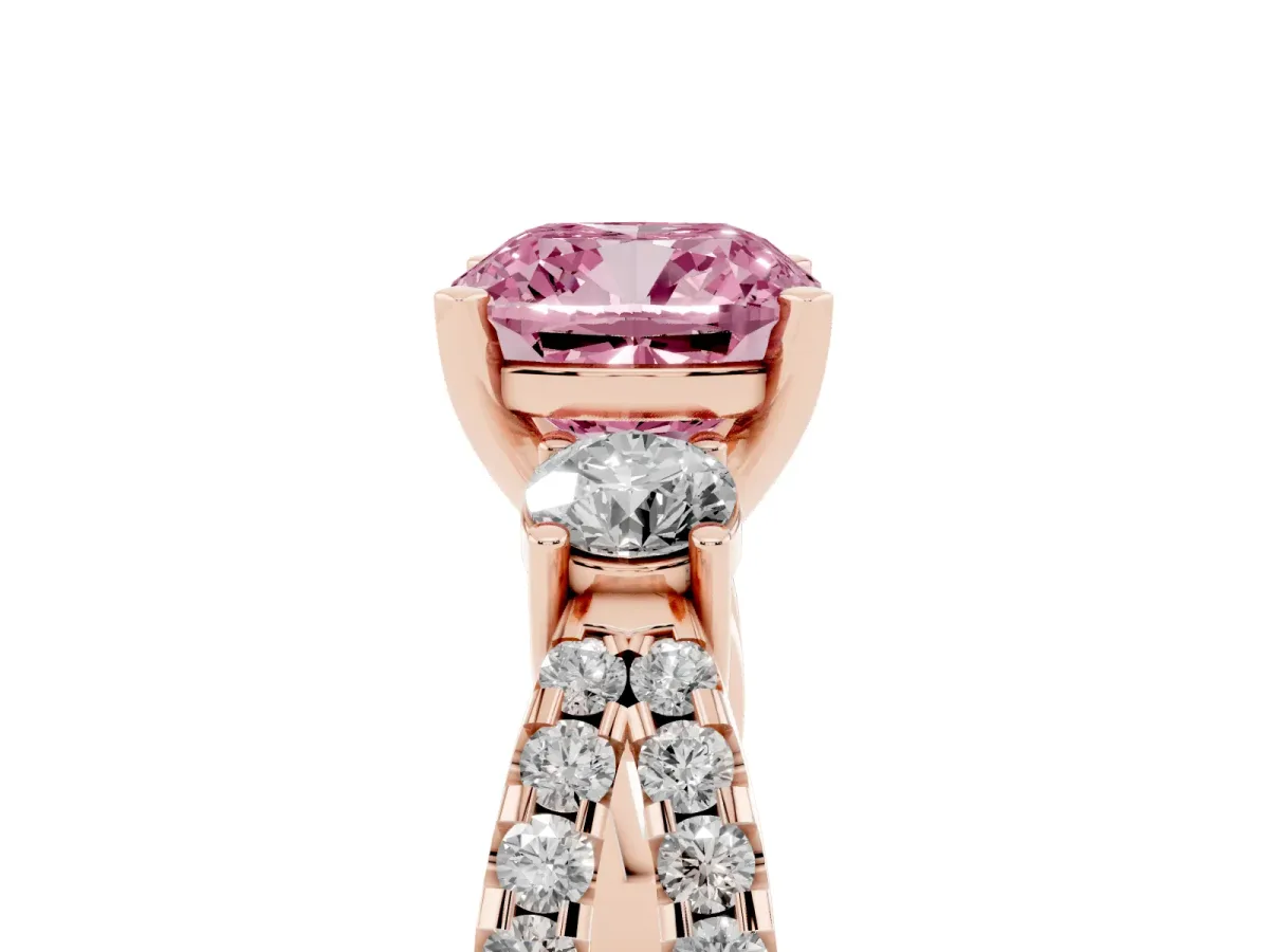 Fancy Pink Cushion Cut Diamond Three-Stone Ring with Pavé Split Shank and Four-Prong Setting Rose gold
