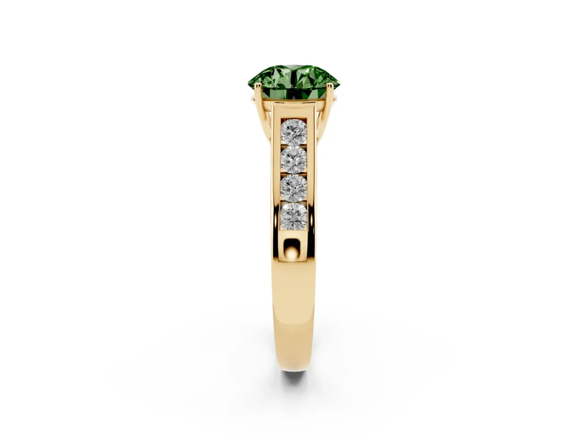 Fancy Green Round Cut Solitaire Channel-Set Diamond Engagement Ring with Four-Prong Setting Yellow gold