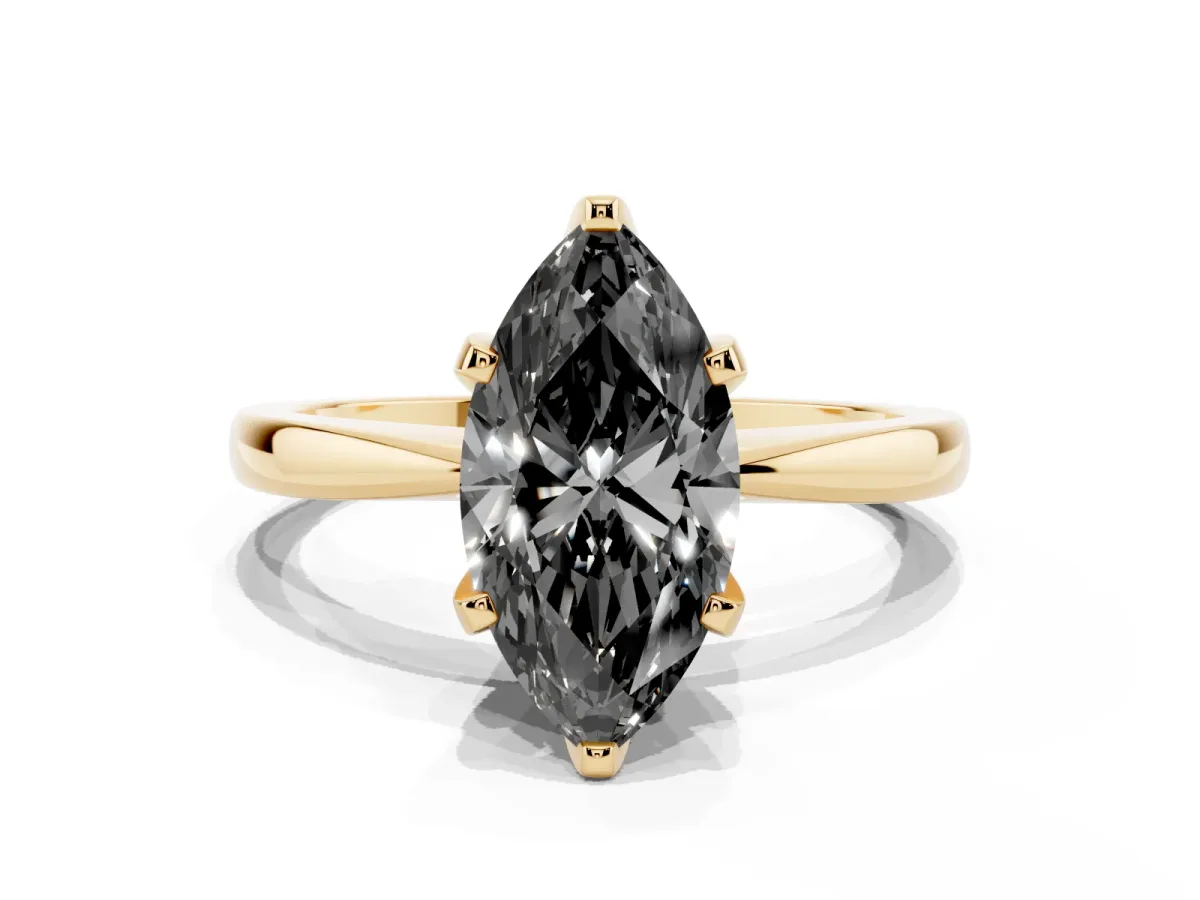 Fancy Black Marquise Cut Solitaire Engagement Ring with Six-Prong Setting and Tapered Band Yellow gold