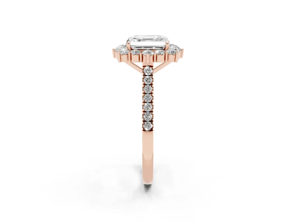 Asscher Cut Halo Diamond Ring with Pavé Band and Prong Setting Rose gold