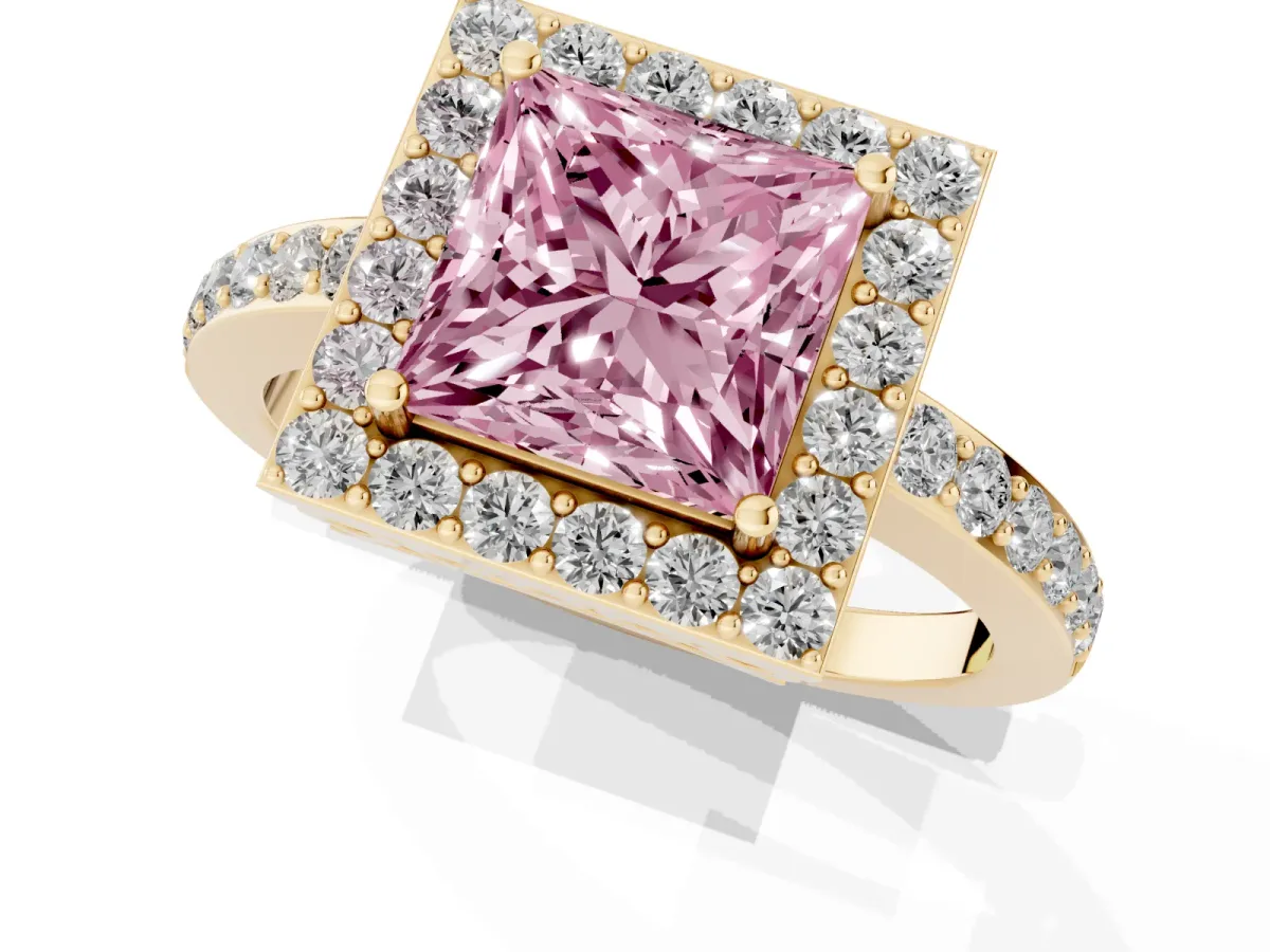 Fancy Pink Princess Cut Halo Diamond Pavé Band Ring with Prong Setting Yellow gold