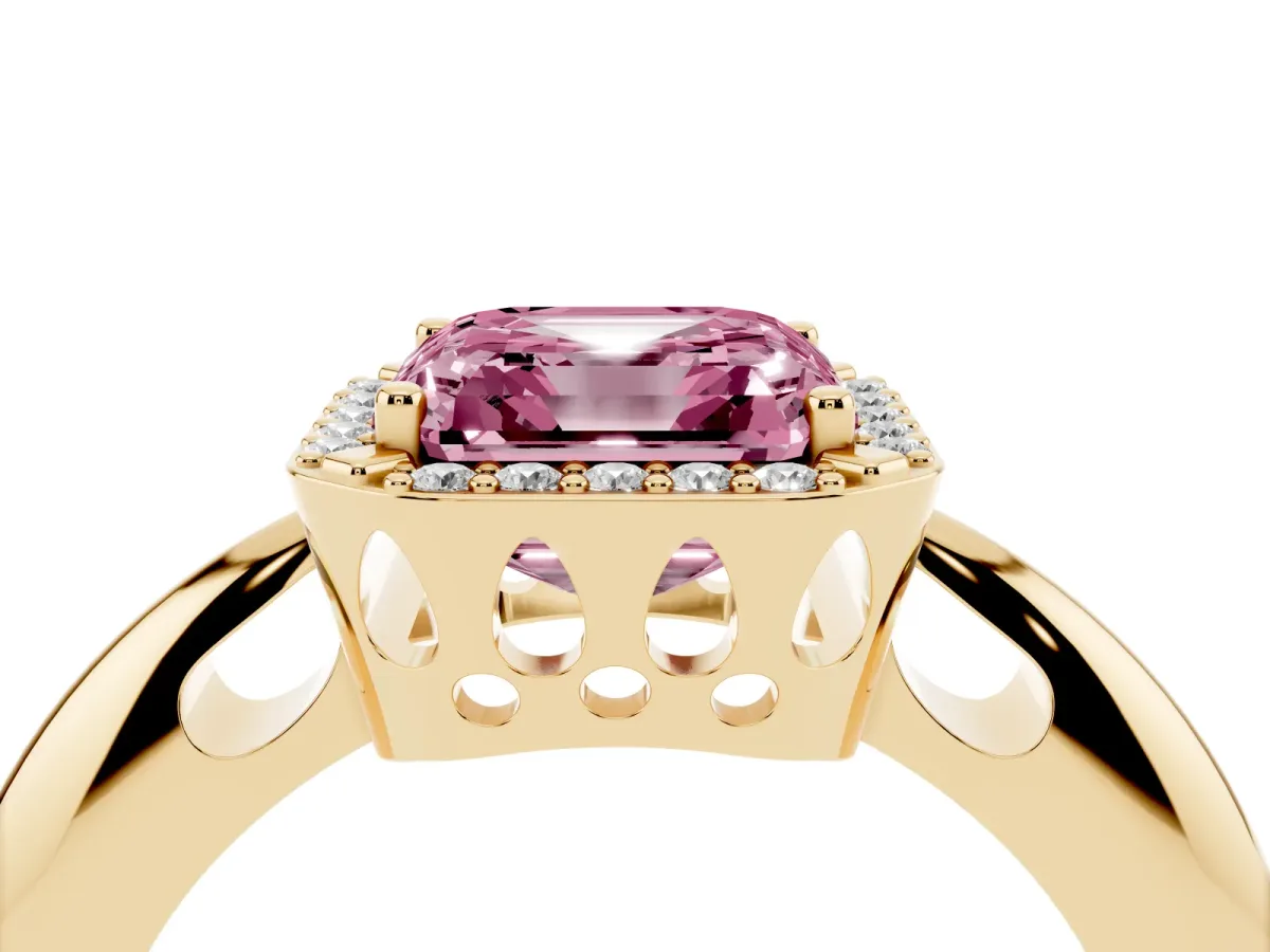 Fancy Pink Asscher Cut Cut Diamond Halo Engagement Ring with Split Shank and Four-Prong Setting Yellow gold