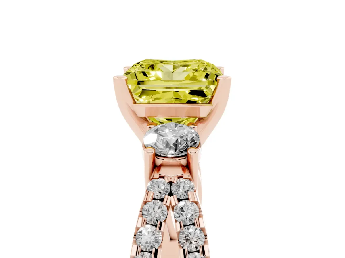 Fancy Yellow Princess Cut Diamond Three-Stone Ring with Pavé Split Shank and Four-Prong Setting Rose gold