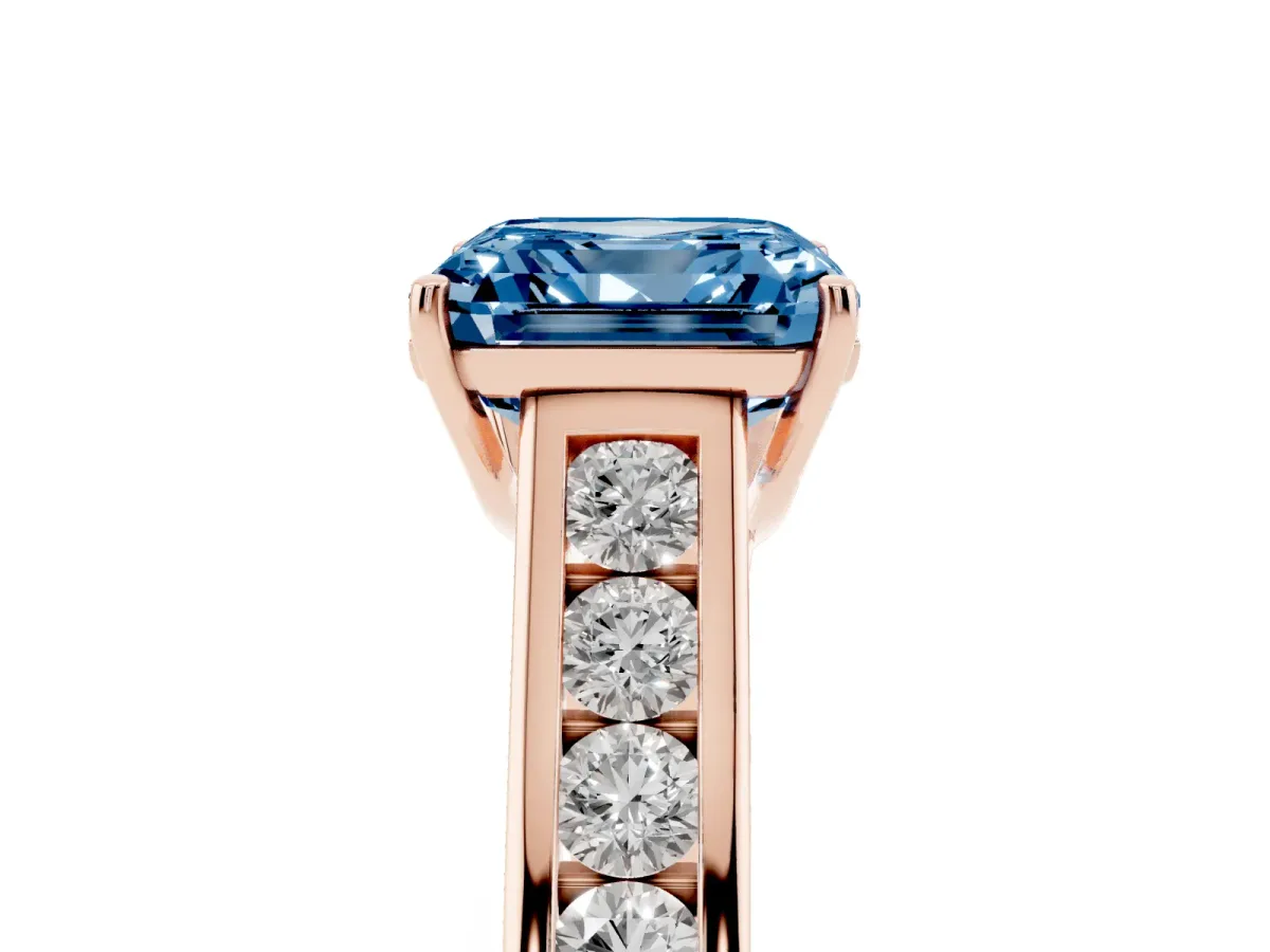 Fancy Blue Asscher Cut Solitaire Channel-Set Diamond Engagement Ring with Four-Prong Setting Rose gold