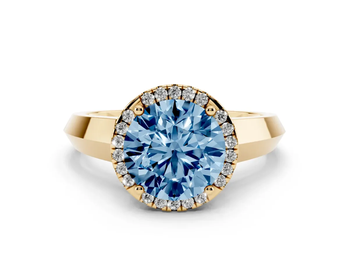 Fancy Blue Round Cut Halo Diamond Ring with Cathedral Band and Four-Prong Setting Yellow gold