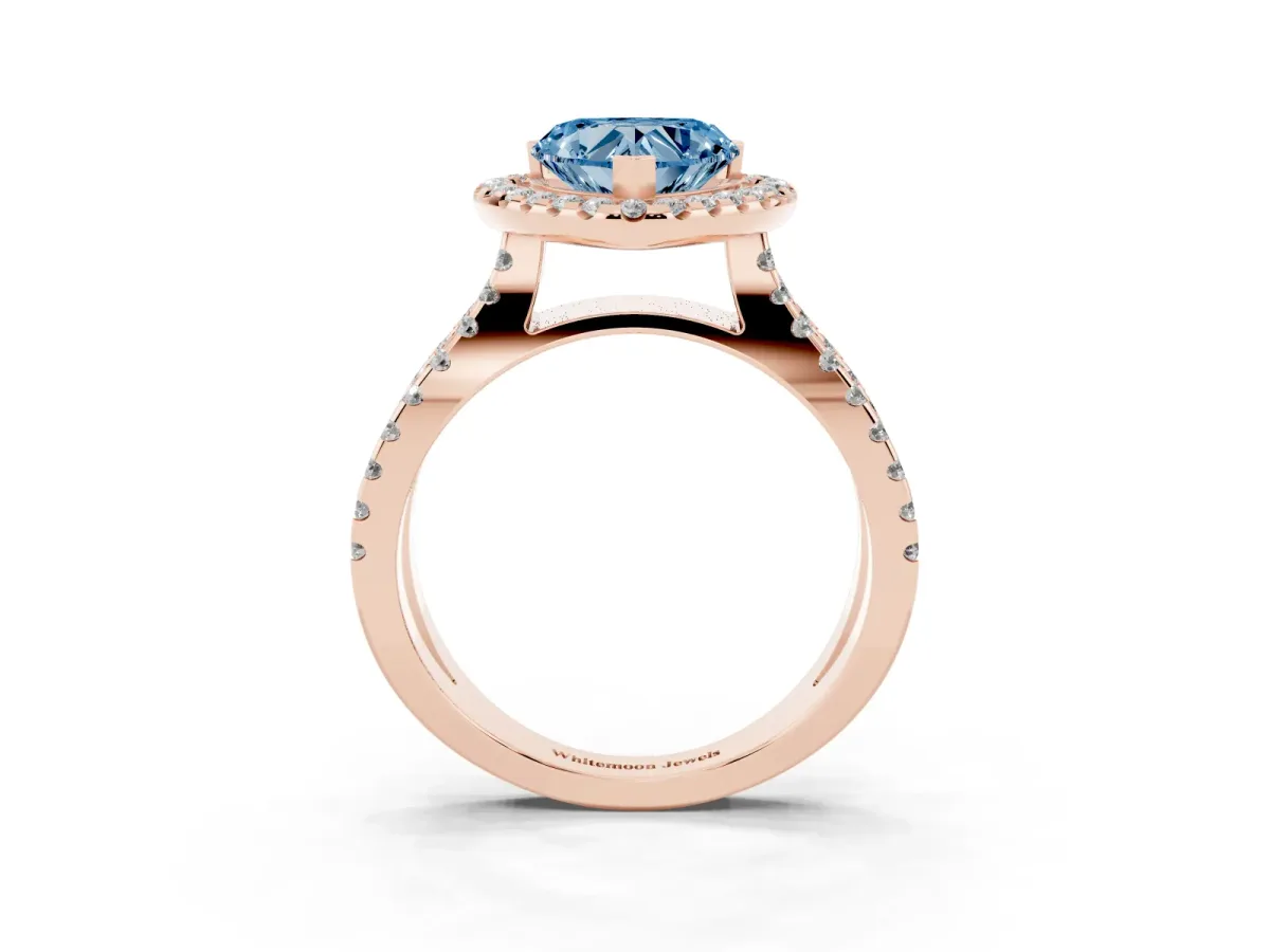 Fancy Blue Heart Cut Diamond Halo Ring with Split Shank Pavé Band and Prong Setting Rose gold