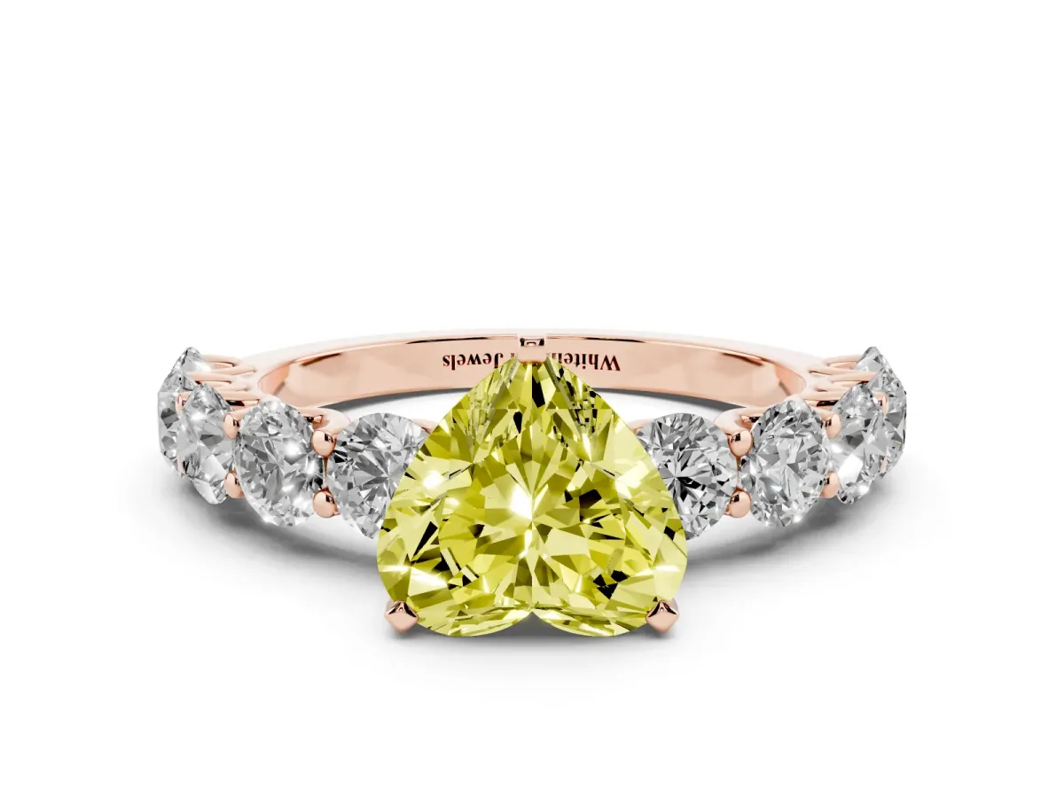 Fancy Yellow Heart Cut Diamond Prong Setting with Side Stones on a Pave Band Rose gold