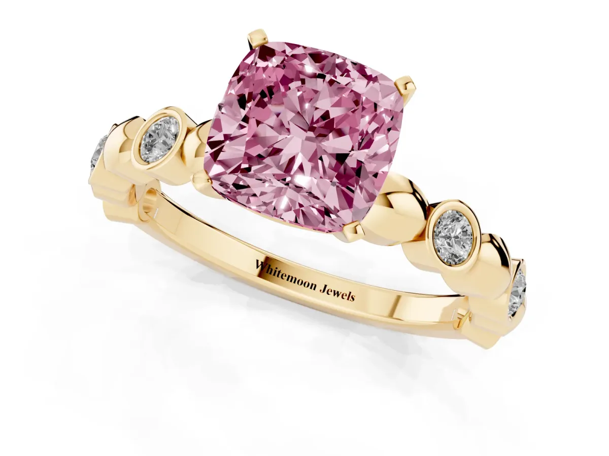 Fancy Pink Cushion Cut Solitaire Bezel-Set Diamond Ring with Beaded Band and Four-Prong Setting Yellow gold