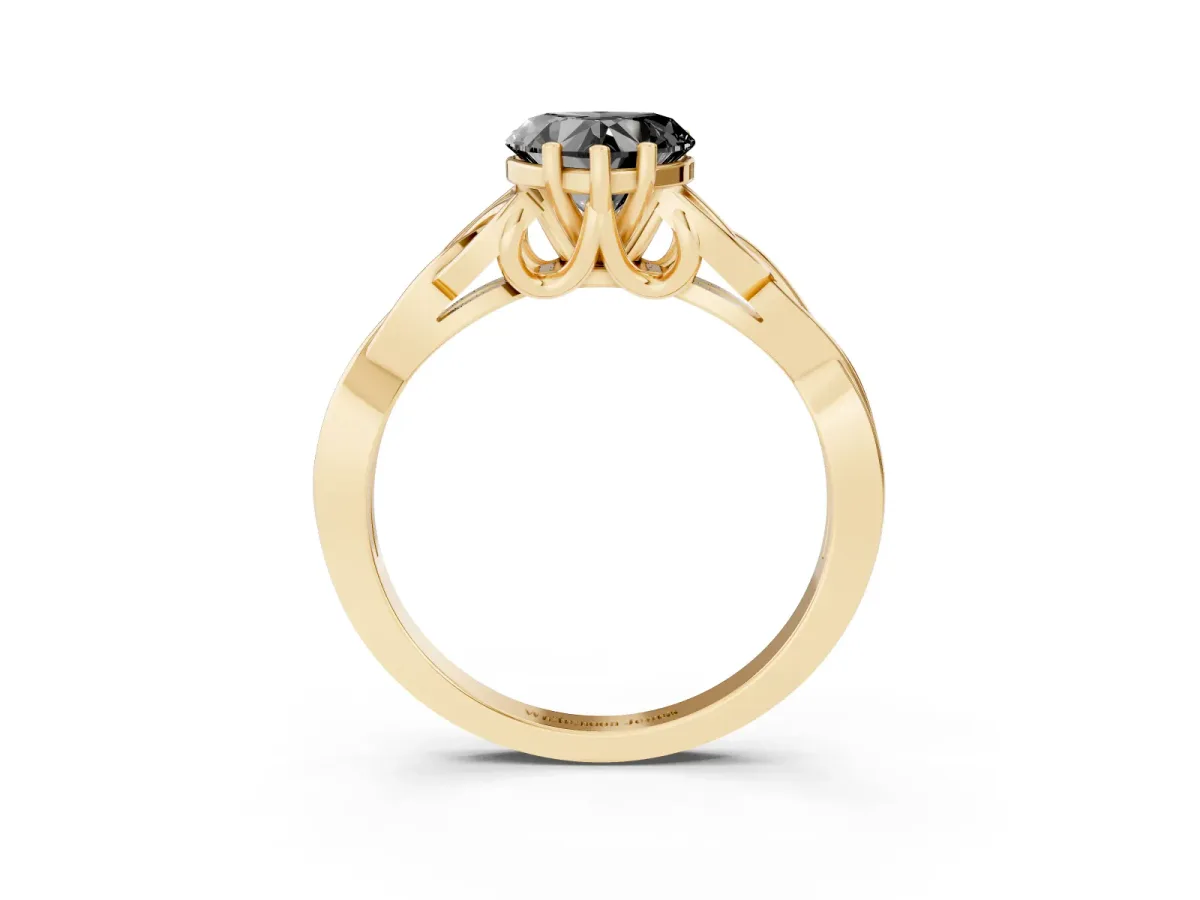 Fancy Black Heart Cut Diamond Solitaire Engagement Ring with Celtic Knot Band and Four-Prong Setting Yellow gold