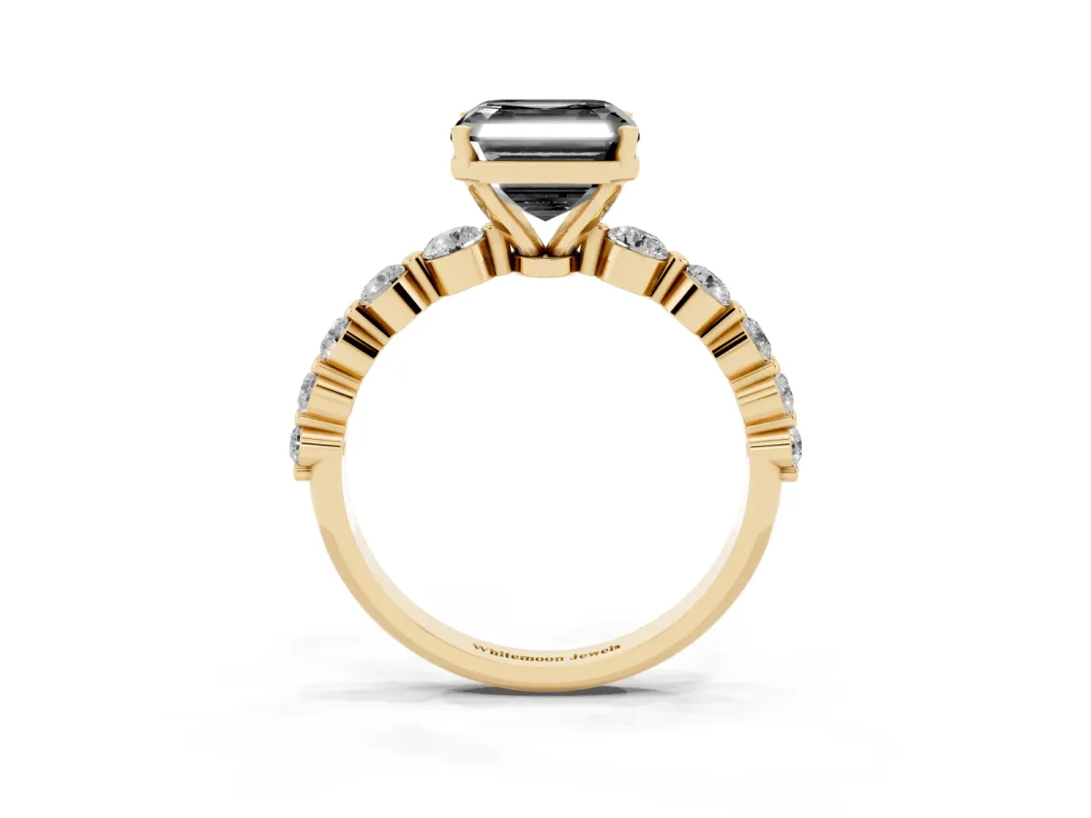 Fancy Black Asscher Cut Solitaire Diamond Ring with Pave Band and Four-Prong Setting Yellow gold