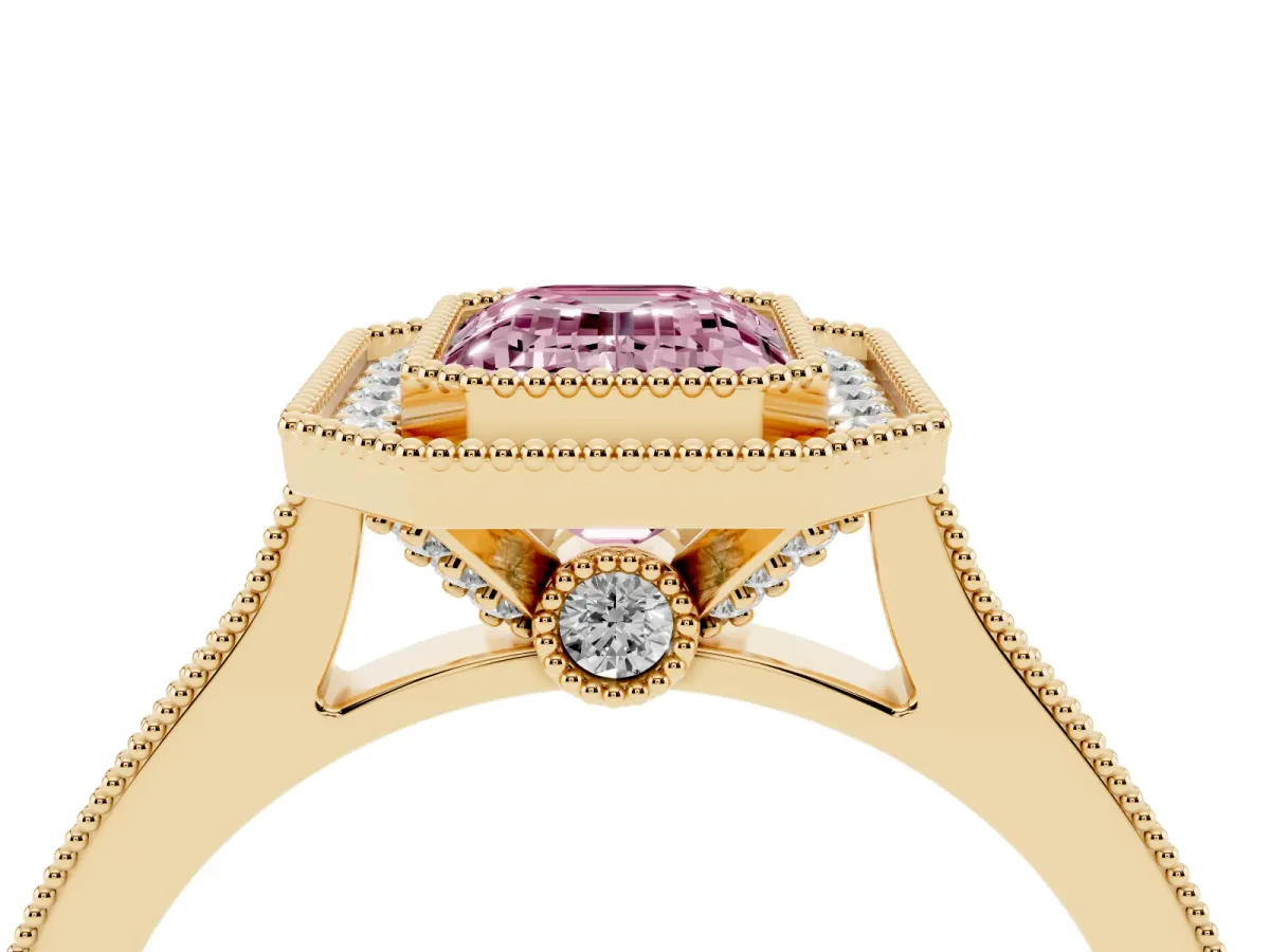 Fancy Pink Halo Emerald Cut-Cut Diamond Pave Band Milgrain Prong Setting Ring Yellow gold