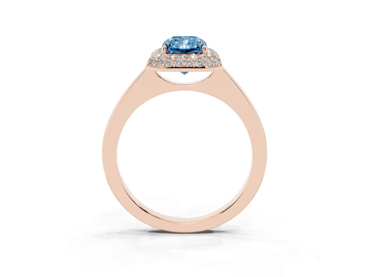 Fancy Blue Radiant Cut Halo Diamond Engagement Ring with Solitaire Band and Four-Prong Setting Rose gold