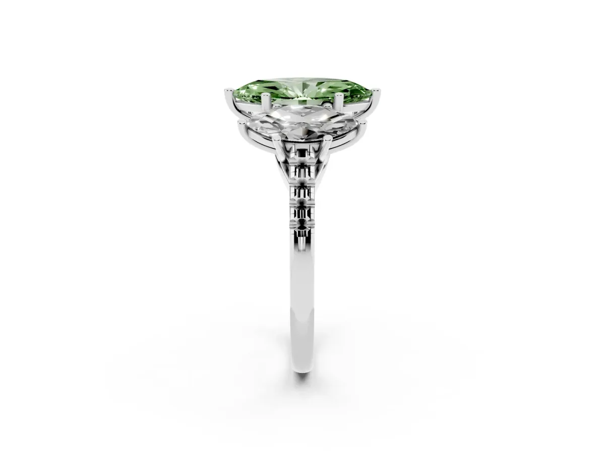 Fancy Green Three-Stone Marquise Cut Diamond Ring with Round Pavé Band and Prong Setting Silver