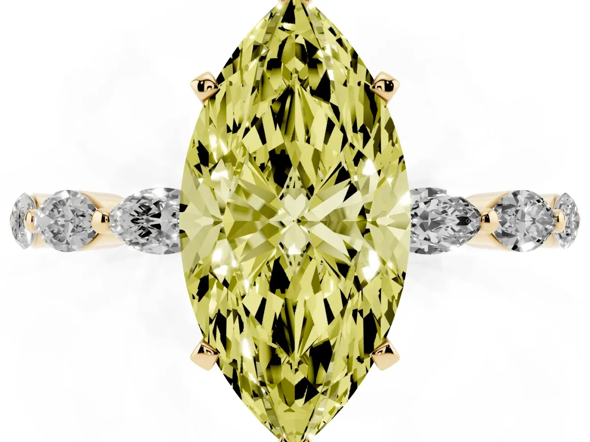 Fancy Yellow Marquise Cut Diamond Ring with Marquise Side Stones and Prong Setting Yellow gold