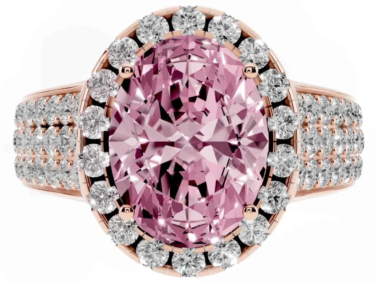 Fancy Pink Oval Cut Halo Round Diamond Pave Band with Prong Setting Rose gold