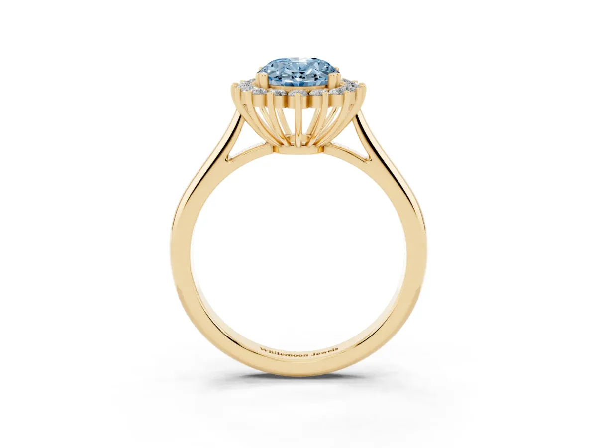 Fancy Blue Oval Cut Cut Diamond Halo Ring with Solitaire Band and Prong Setting Yellow gold
