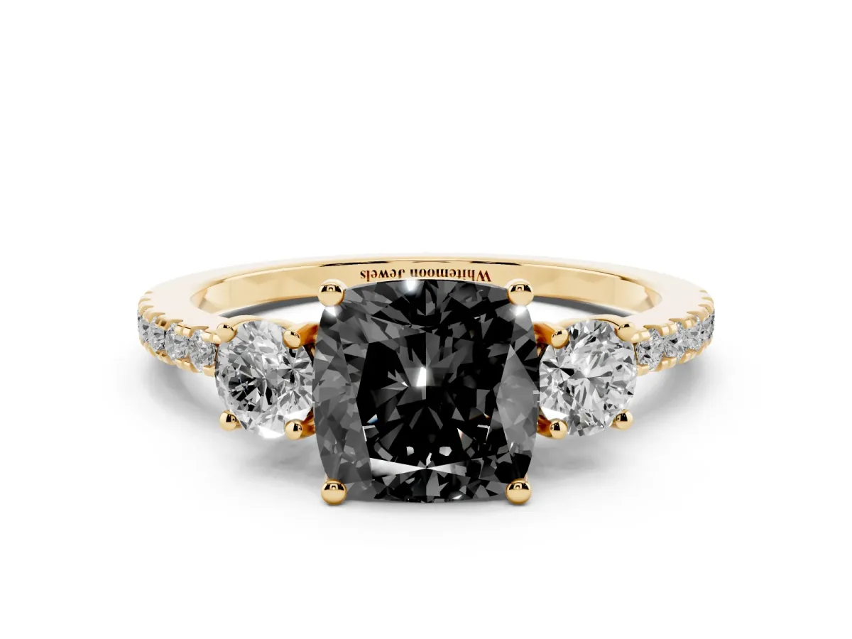 Fancy Black Three-Stone Cushion Cut Cut Diamond Pavé Band with Prong Setting Yellow gold