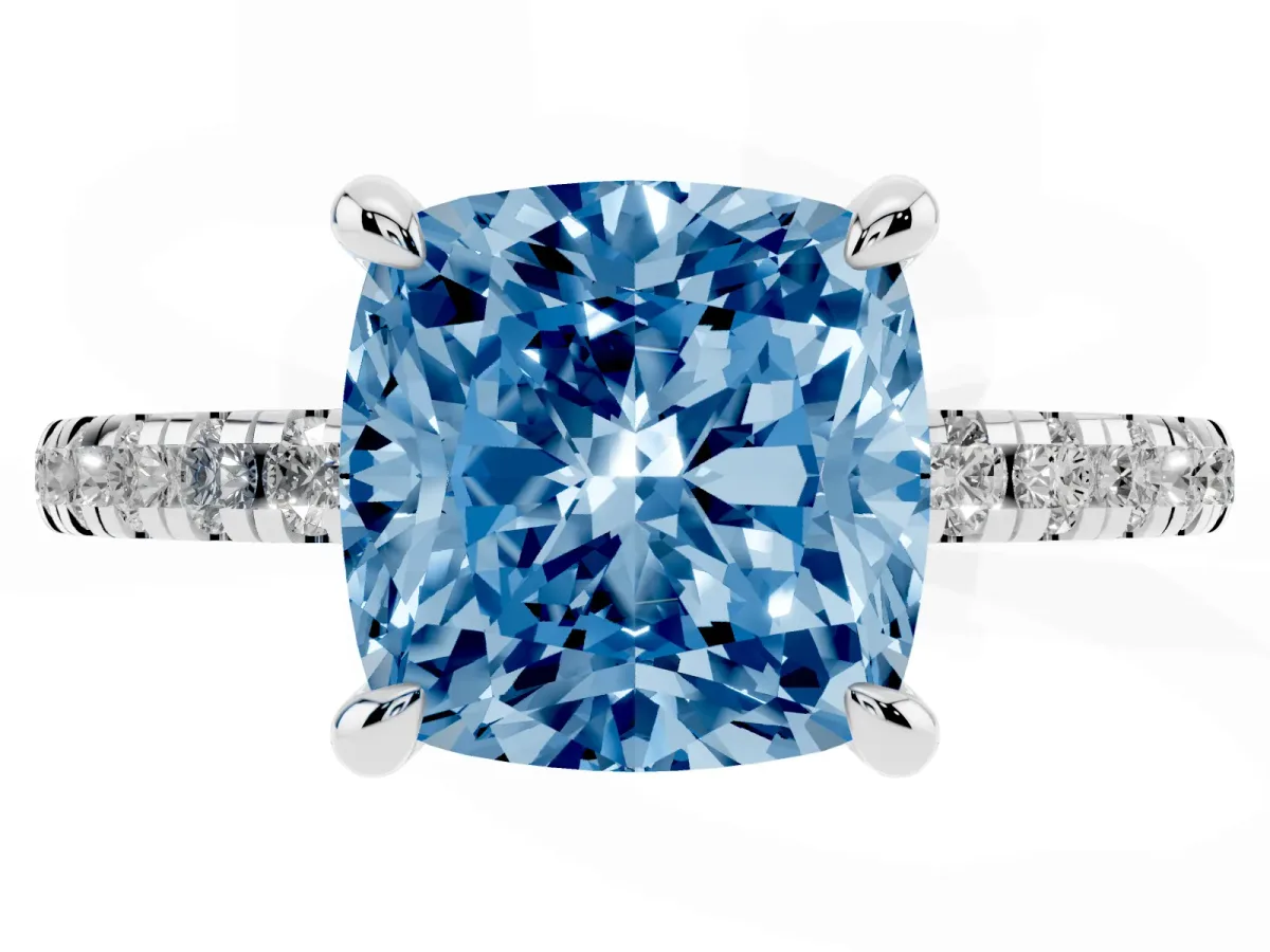 Fancy Blue Cushion Cut Diamond Brilliant Solitaire Ring with Pavé Band and Four-Prong Setting Silver
