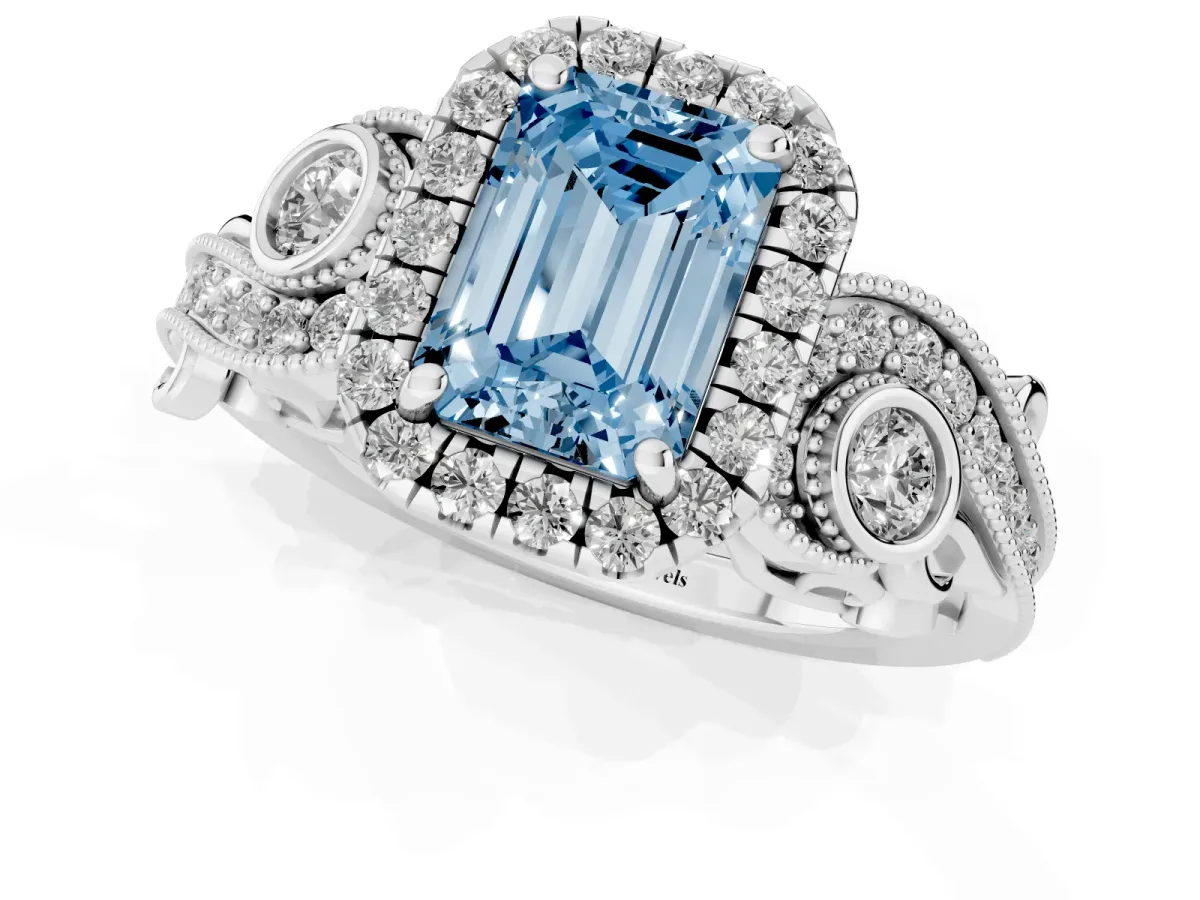 Fancy Blue Emerald Cut Halo Diamond Ring with Milgrain and Bezel Accents on a Split Shank Band White gold