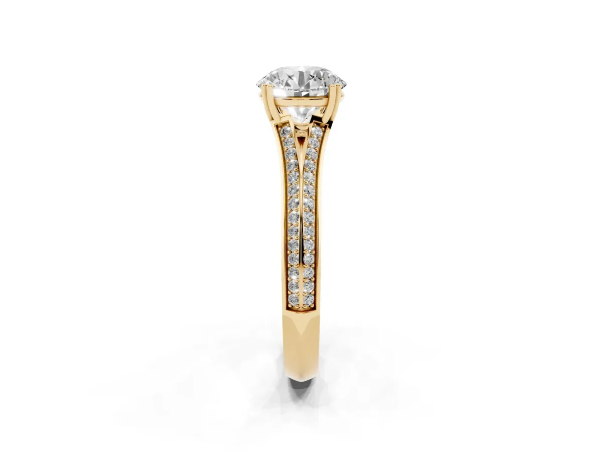 Round Cut Diamond Split Shank Engagement Ring with Pavé Band Yellow gold