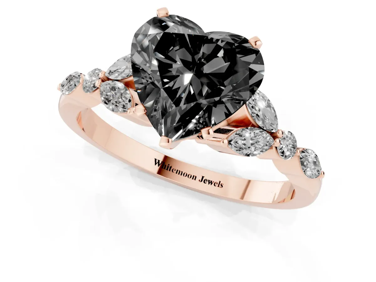 Fancy Black Heart Cut Diamond Solitaire Ring with Side Stones and Four-Prong Setting Rose gold